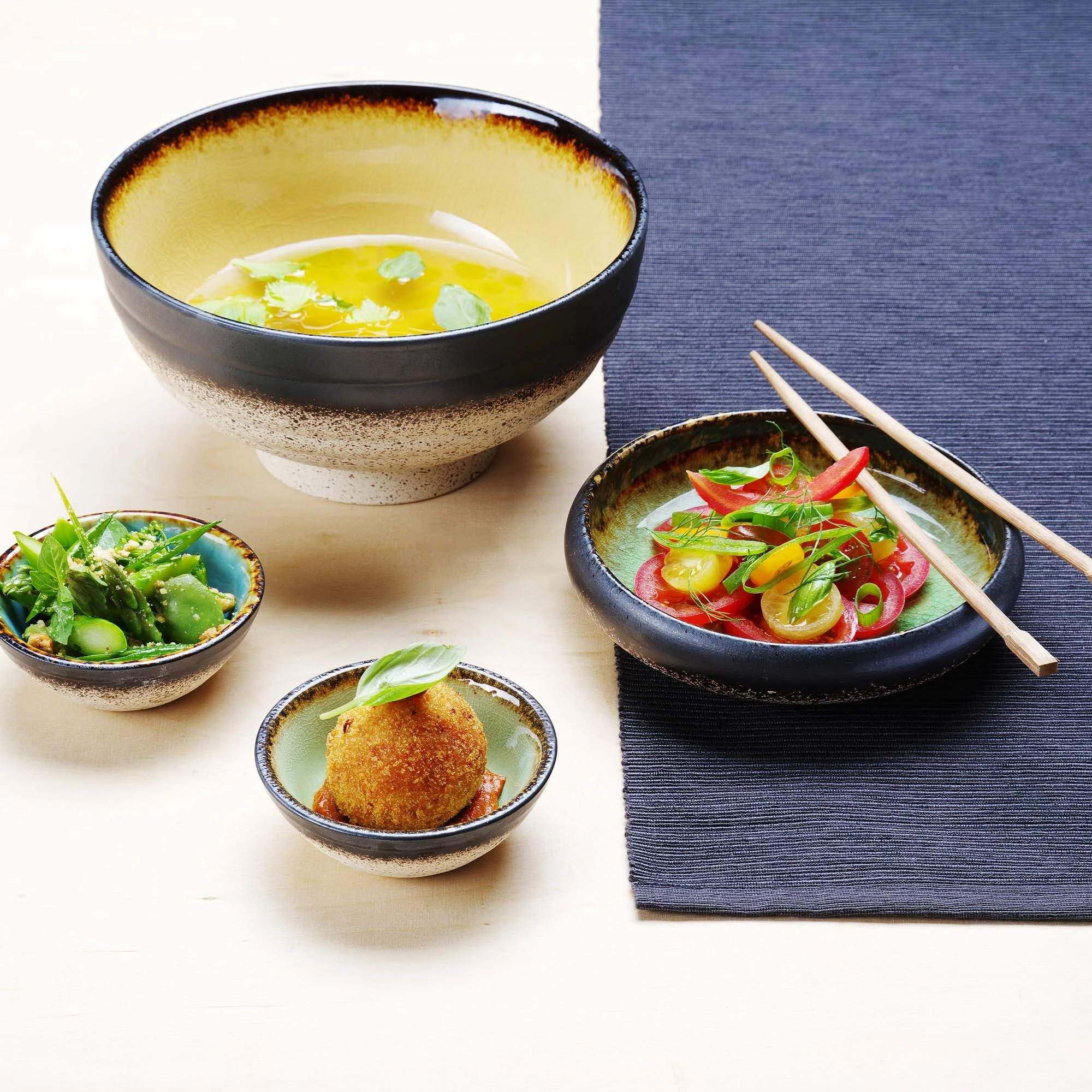 Ramekin Fine Dine Topaz 50 ml, diametër 50 mm, stoneware, blu/gri/jeshile/verdhe, set 12 copë