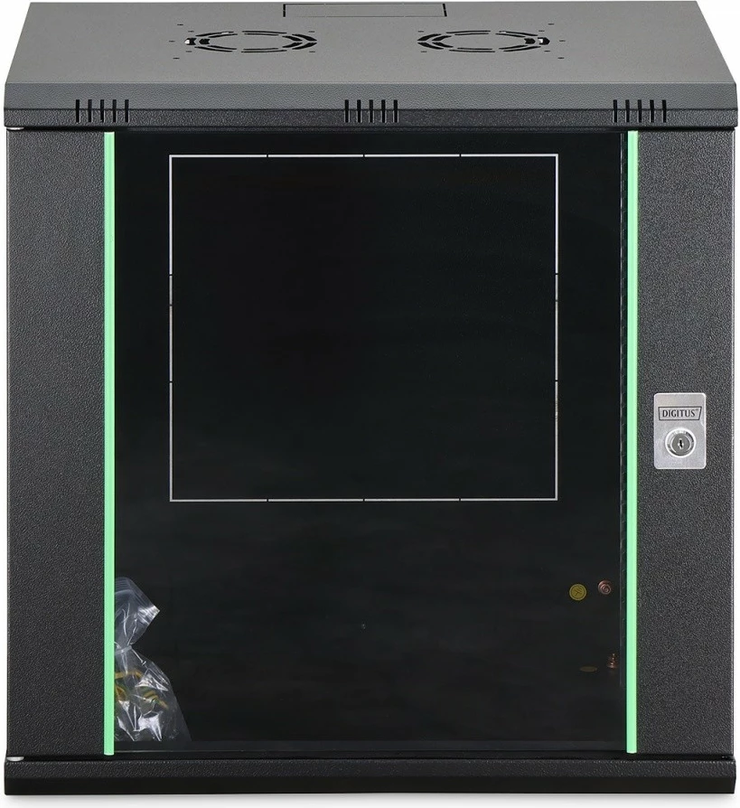 Kabinet rrjeti i montueshëm në mur, Digitus DN-37109, 19" 12U, 607x600x450mm, derë xhami, 60kg, i pa-montuar, e zezë