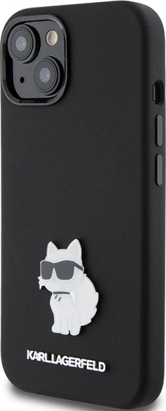 Mbështjellës Karl Lagerfeld Silicone Choupette Metal Pin për iPhone 15 Plus / 14 Plus, i zi