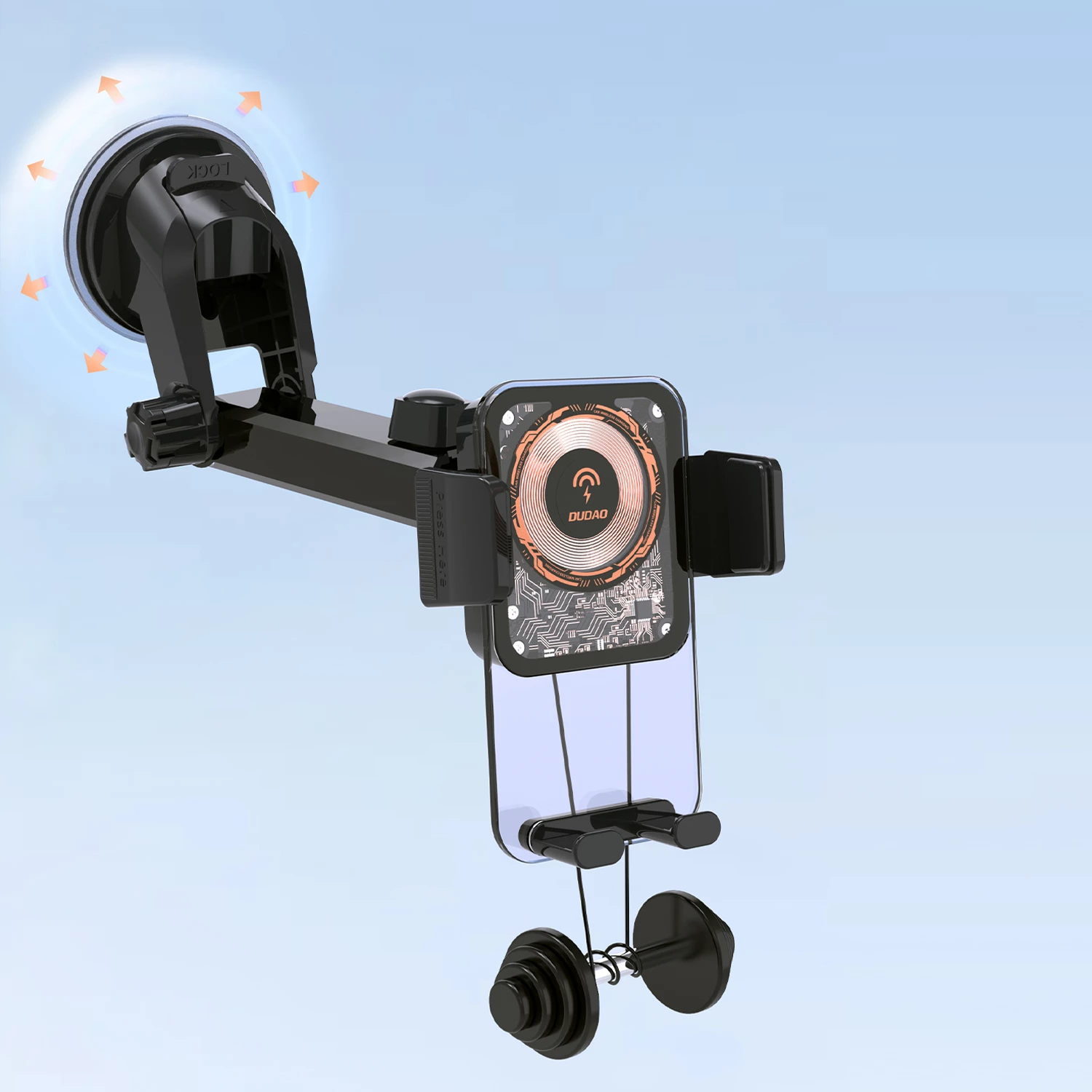 Mbajtës makine me karikues me valë 15W, Dudao F19, krah i rregullueshëm, montim panel/ventilim, zi