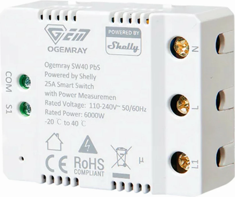 Relé i mençur Shelly PbS Ogemray 25A, Wi-Fi, Bluetooth, i bardhë