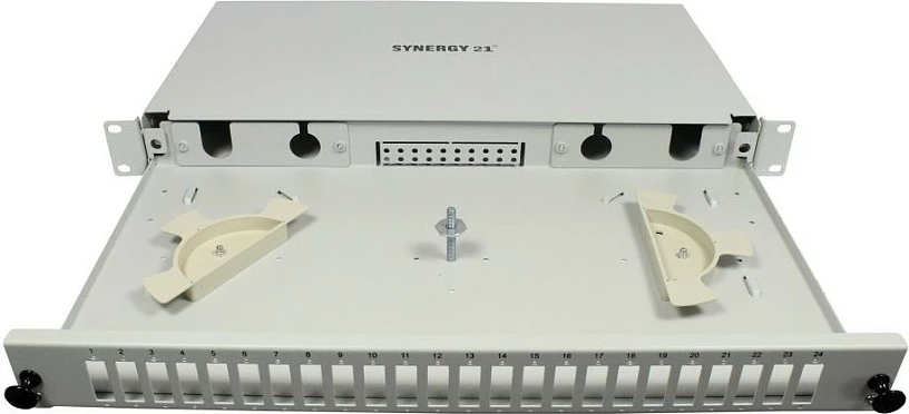 Panel patch fibra optike Synergy21, 19" 1U, 24x SC Duplex/LC Quad, pa kuplunga, gri e çelët