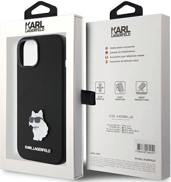 Mbështjellës Karl Lagerfeld Silicone Choupette Metal Pin për iPhone 15 Plus / 14 Plus, i zi