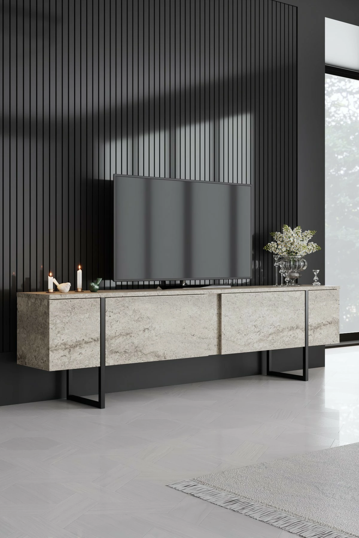 Komodë për TV Hanah Home, Luxe, travertin, e zezë