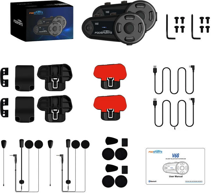 Interkom për motoçikletë Fodsports V6S, set prej 2 copë, i zi
