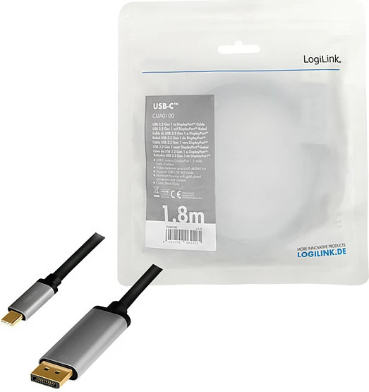 Kabllo LogiLink USB 3.2 Gen1 Type-C në DisplayPort, 4K/60Hz, 1.8m, zi/gri