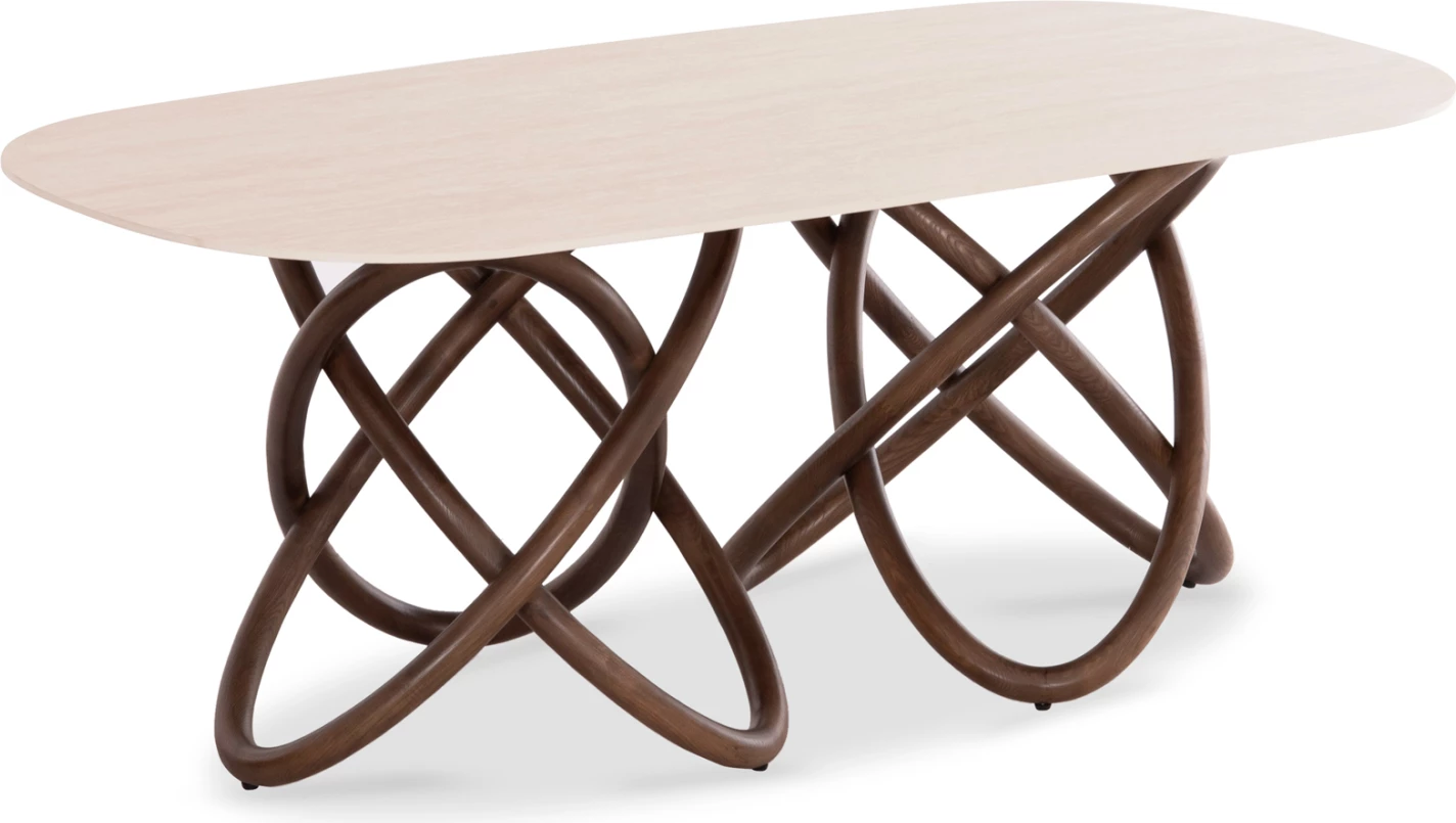 Tavolinë ngrënieje Orbiter, sipërfaqe qeramike krem travertin, këmbë dru frashëri ngjyrë arre