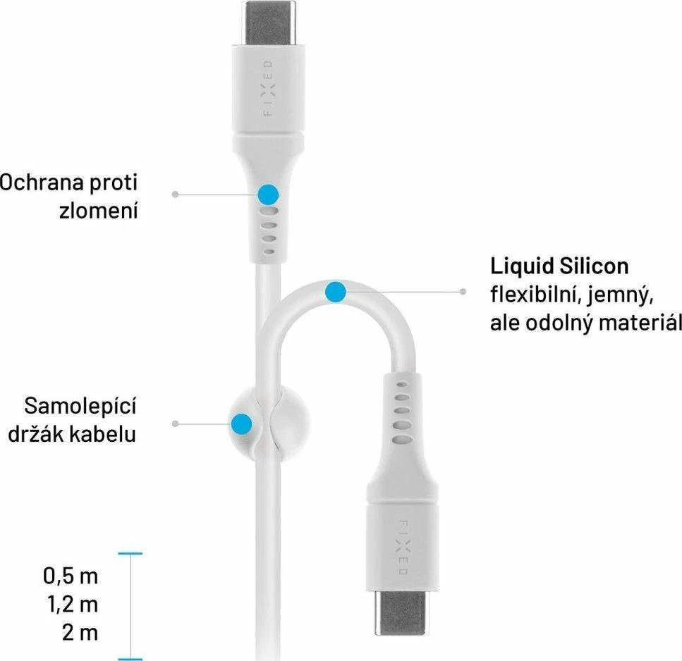 Kabllo USB-C në USB-C Fixed FIXDLS-CC12-WH 1.2 m PD 60W e bardhë, me organizer ngjitës dhe shirit Velcro