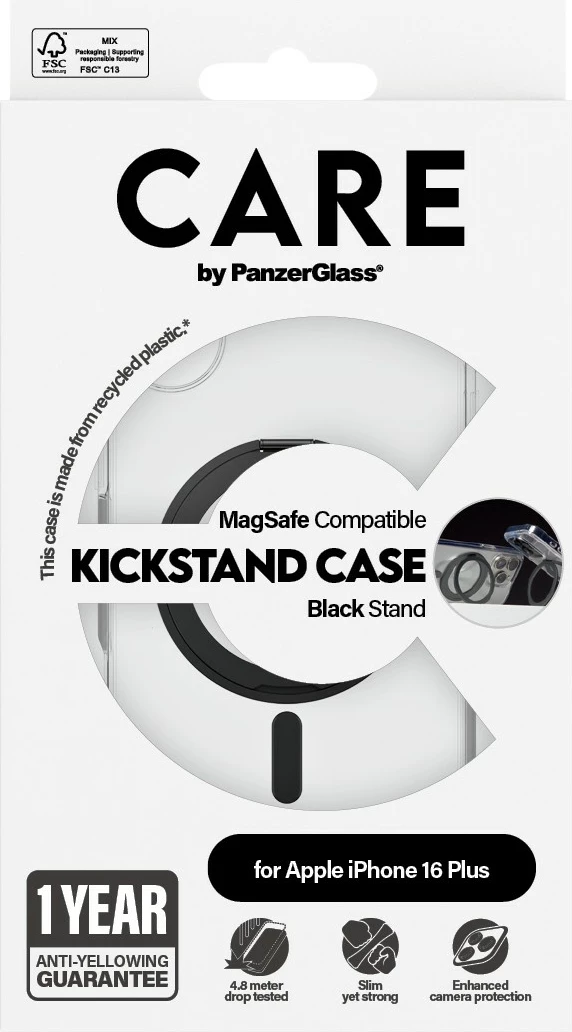 Mbështjellës PanzerGlass CARE Case Feature me Kickstand MagSAFE për iPhone 16 Plus, transparent