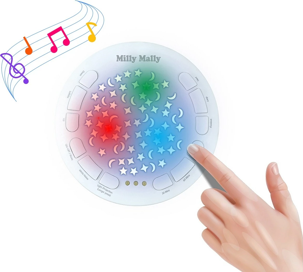 Lodër pelushi me projektor koala, Milly Mally 5661, 10 melodi, 5 zhurma të bardha, timer 30/60/90 min, 7 drita, gri/bardhë