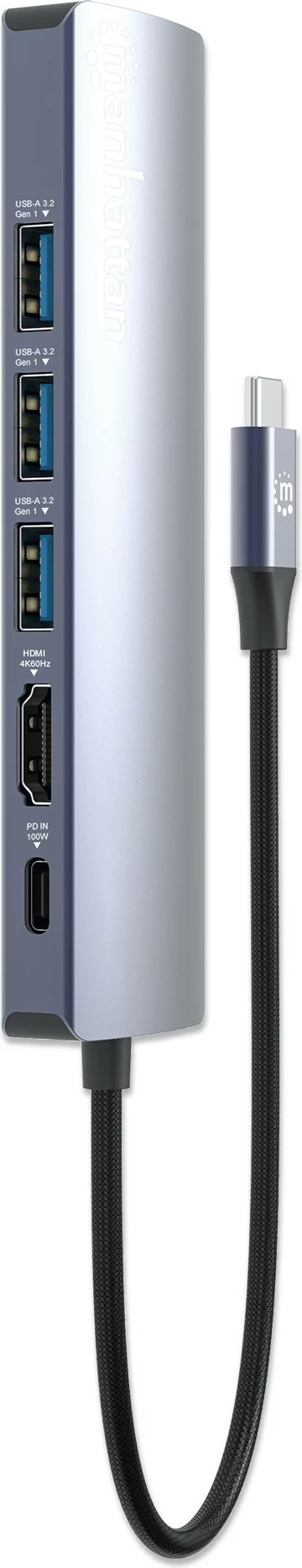 Docking station MANHATTAN 6-në-1 USB-C, 4K HDMI, 3x USB 5Gb/s, gri