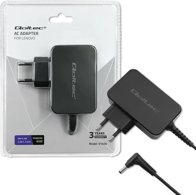 Adapter rryme Qoltec për Lenovo, 65W, 20V, 3.25A, 4.0x1.7mm, i zi