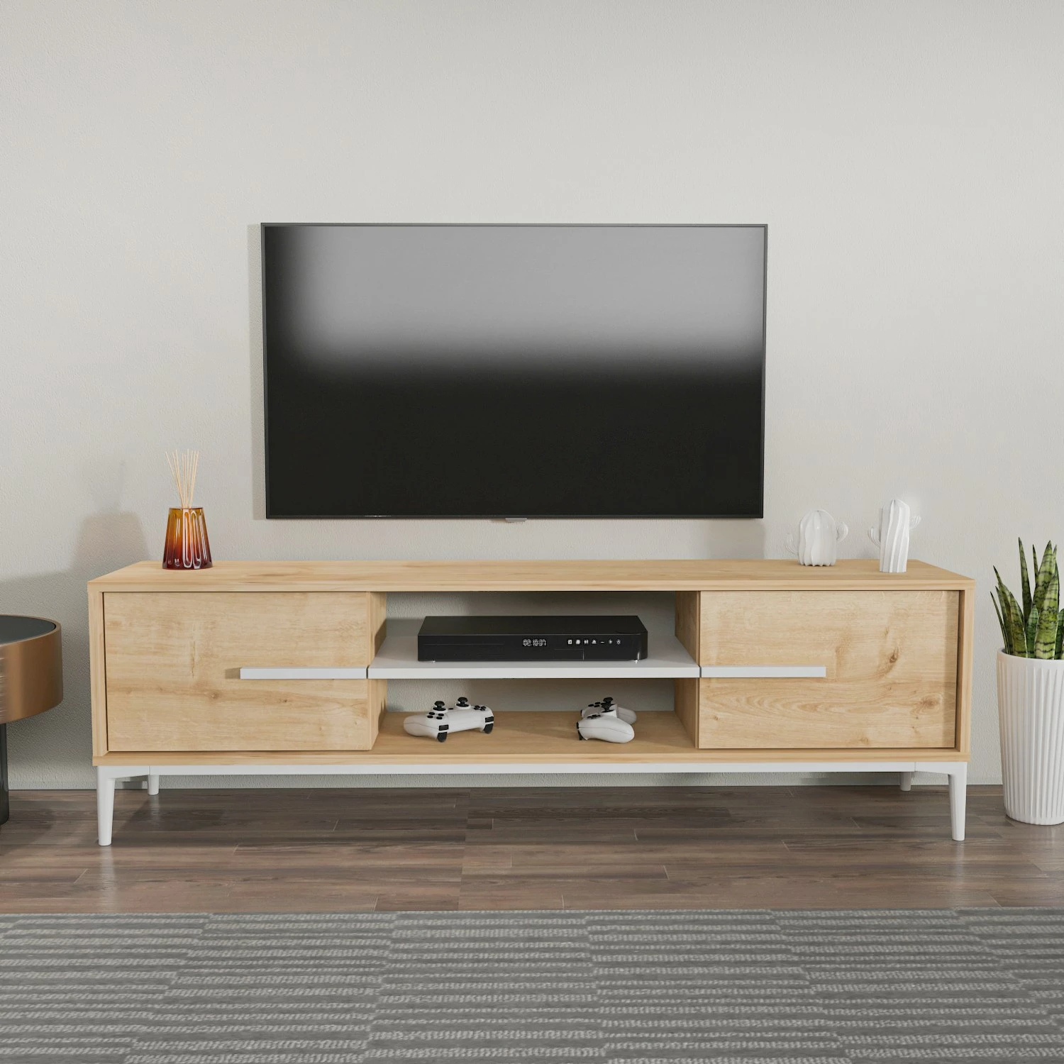 Komodë TV Hanah Home, Eslem, ngjyrë lis dhe e bardhë