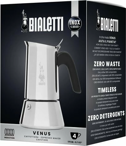 Aparat moka për kafe Bialetti Venus 7254, 4 filxhana (170 ml), për pllakë induksioni, çelik inox, argjendtë
