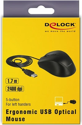 Maus DeLOCK ergonomik USB, 5 tasta, 2400 DPI, për të majtë, e zezë