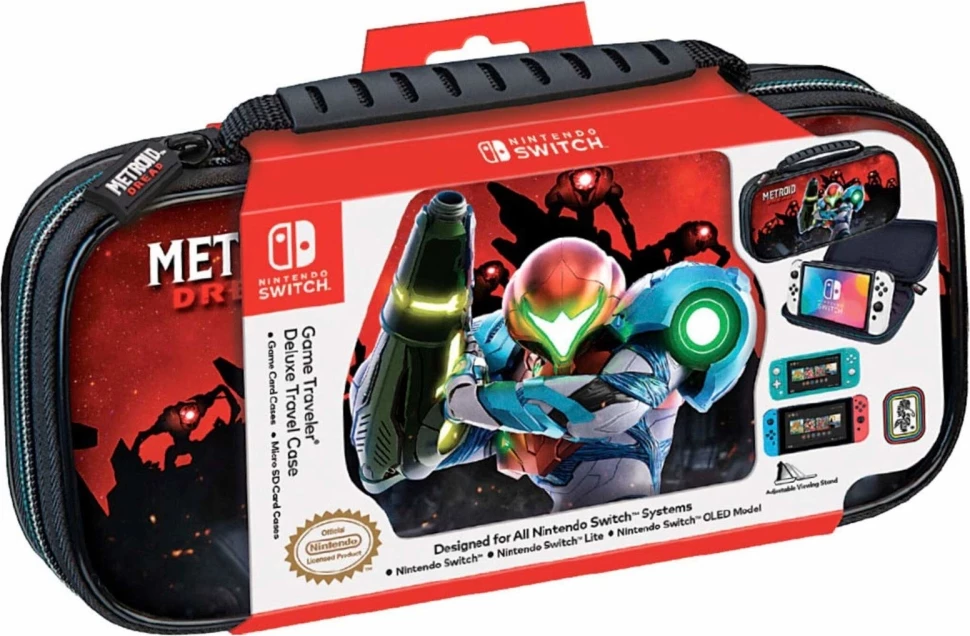 Torbicë udhëtimi e fortë për Nintendo Switch Nacon/Bigben Deluxe Travel Case Metroid Dread, kompatibile Switch/OLED/Lite, me mbajtëse kartele & microSD, kuqe/zezë, set 4 copë