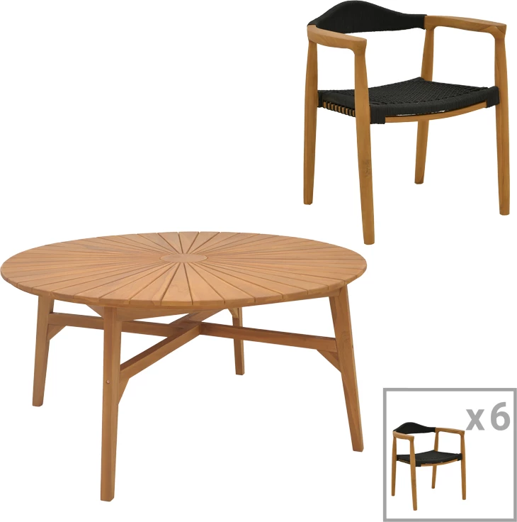 Tavolinë me karrige për terasë, Ganny-Colen, dru tik, ngjyrë natyrale, Φ150x75cm