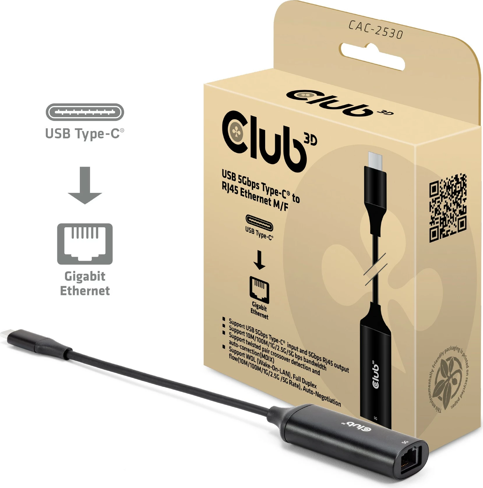 Adapter USB-C në RJ45 Club3D 5Gbps, i zi