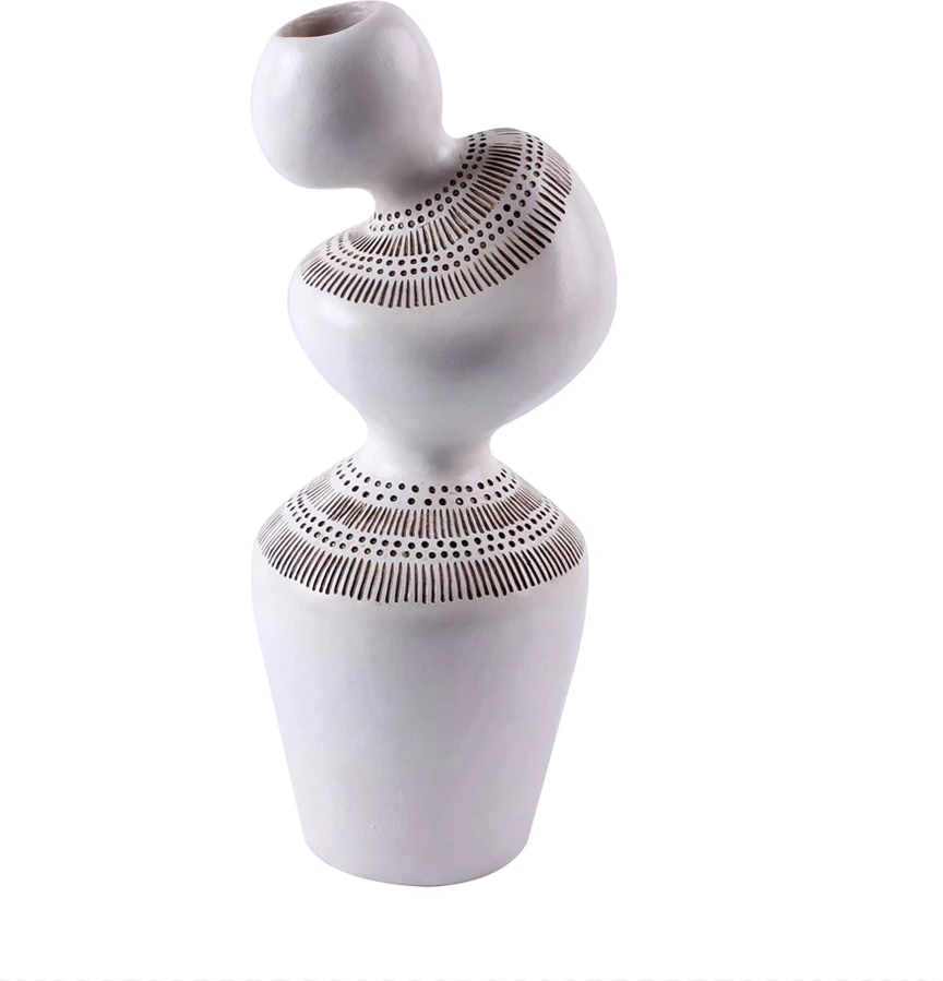 Vazo dekorative OVOCIE 2, polirezine, e bardhë me vija kafe, 13x13x32cm