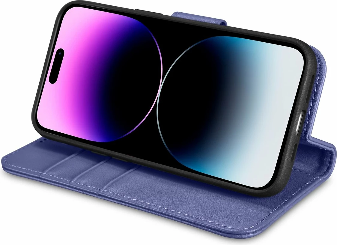 Mbështjellës portofol iCarer për iPhone 14 Pro Max, lëkurë natyrale, anti-RFID, vjollcë e lehtë