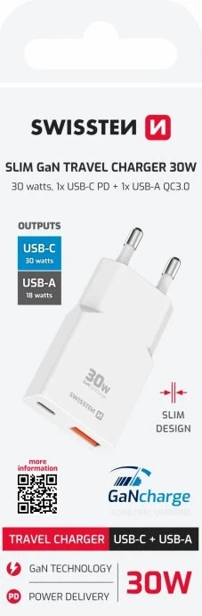 SWISSTEN SLIM KARIKUES GaN USB-C + USB-A 30W 