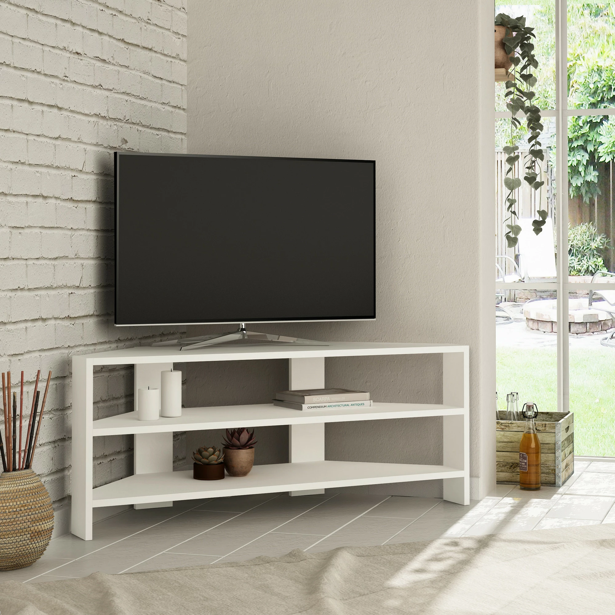 Komodë për TV Skye Decor, Thales për qoshe, e bardhë