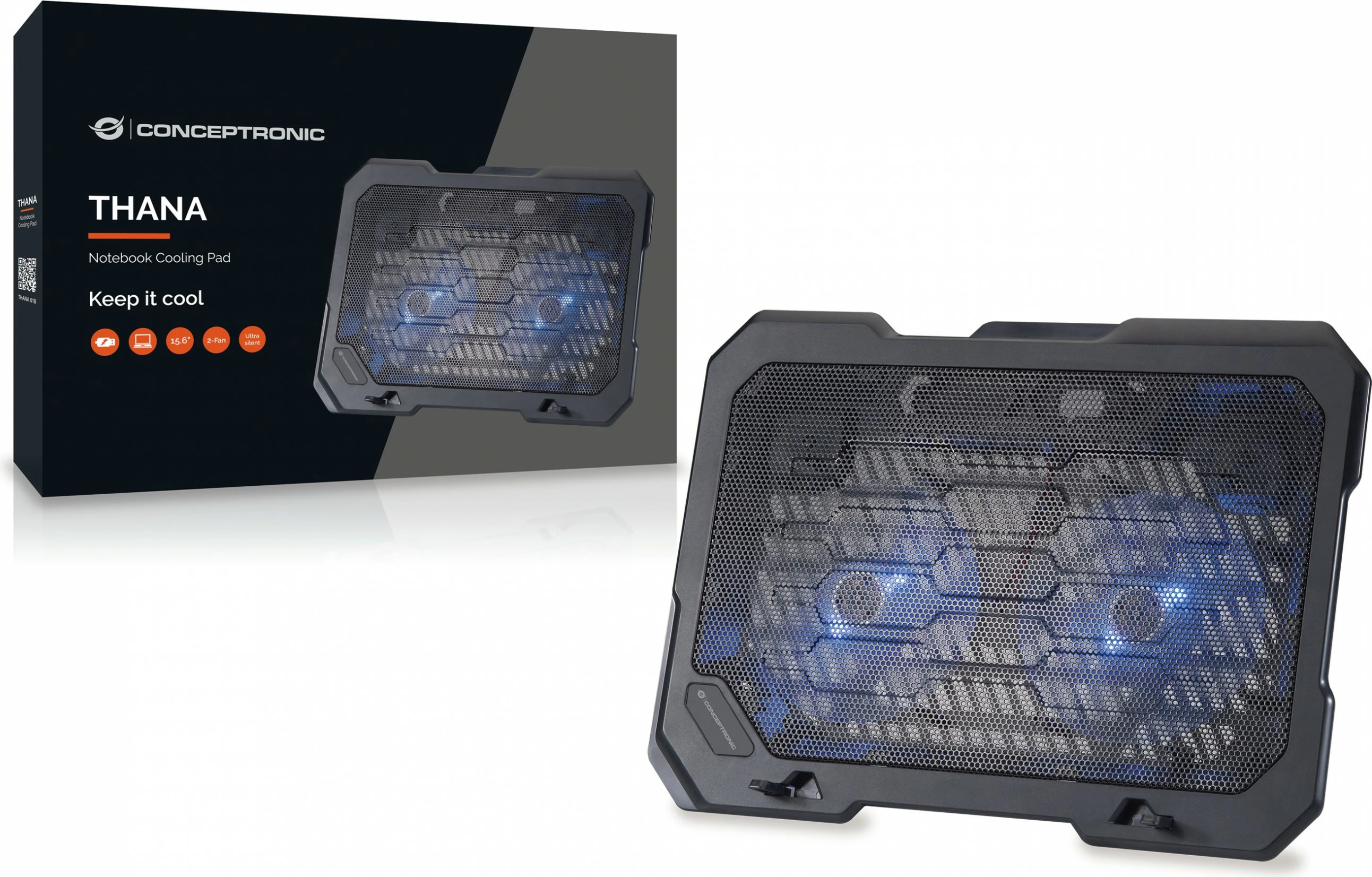 Mbajtëse ftohëse Conceptronic 2-Fan, USB-A 2.0, për laptop 15.6 inç, e zezë