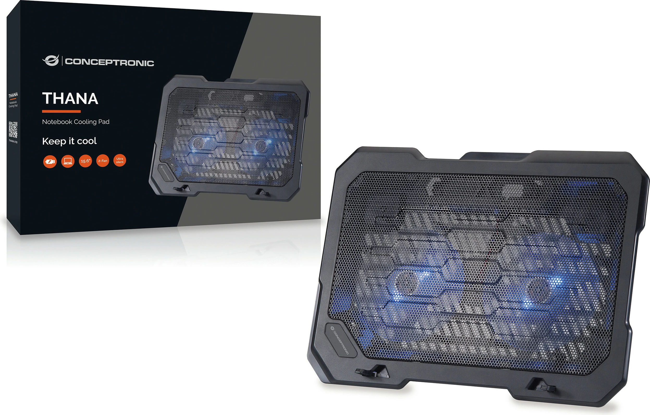 Mbajtëse ftohëse Conceptronic 2-Fan, USB-A 2.0, për laptop 15.6 inç, e zezë
