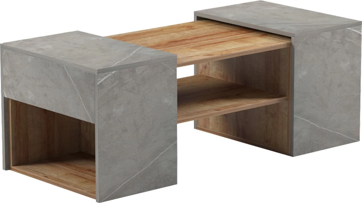 Set tavolinash kafe Morfi, 3 copë, ngjyrë lis, efekt mermeri bezhë, 105x45x37cm