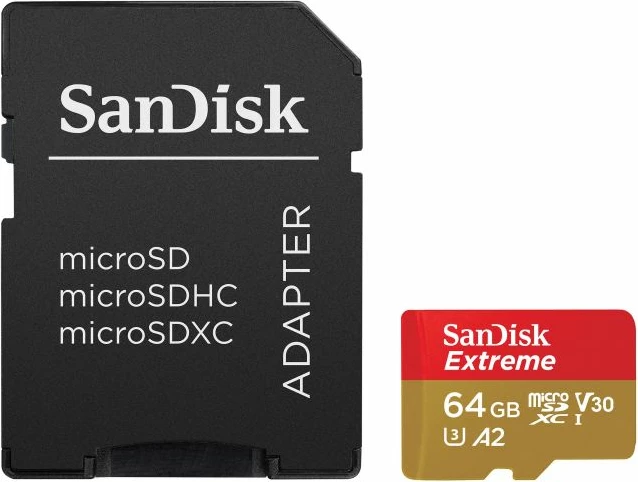 Kartelë memorje microSDXC SanDisk Extreme SDSQXAH-064G-GN6AA 64GB 170MB/s 80MB/s A2 U3 V30 C10, e kuqe/ari, set me adapter SD
