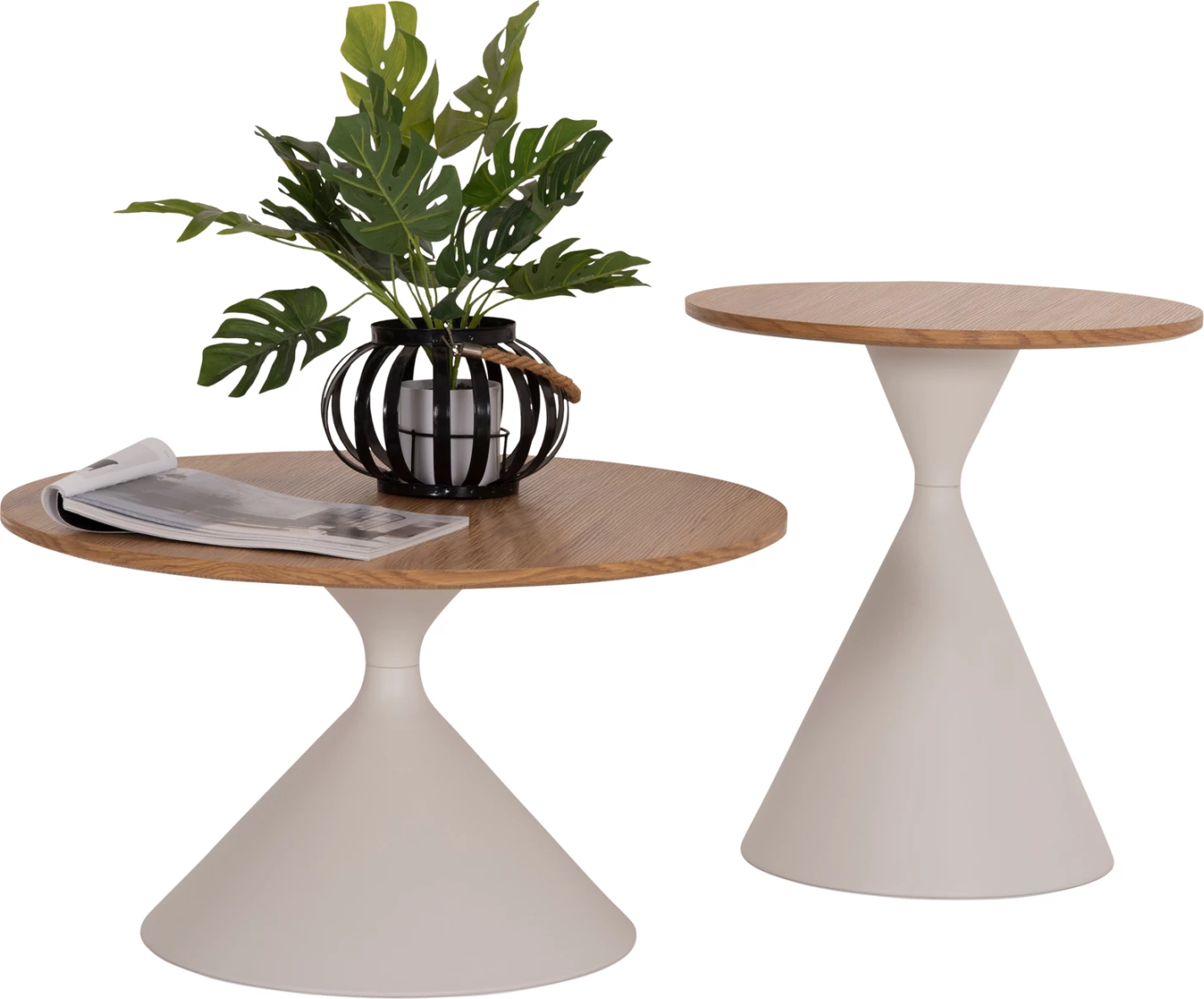 Set 2 tavolina kafeje Jennel, metal i bardhë, MDF ngjyrë druri natyral, FH18308.01, 50cm & 70cm