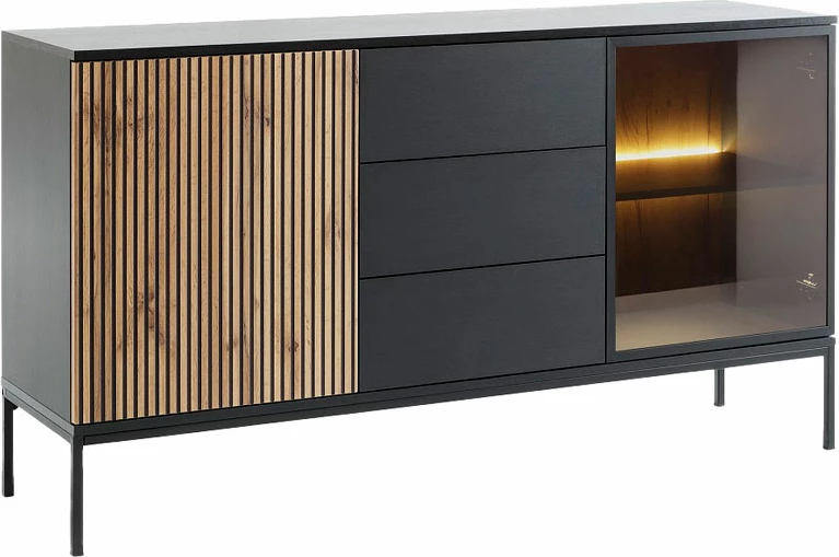 Komodë anësore MYSTERY, 2 dyer, 3 sirtarë, ngjyrë natyrale e errët/zezë, 154x39x83cm