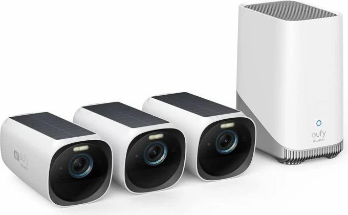 Sistem kamera sigurie ANKER eufy Security eufyCam 3 4K Wi‑Fi solar, 3 kamera + stacion bazë HomeBase, bardh/zi