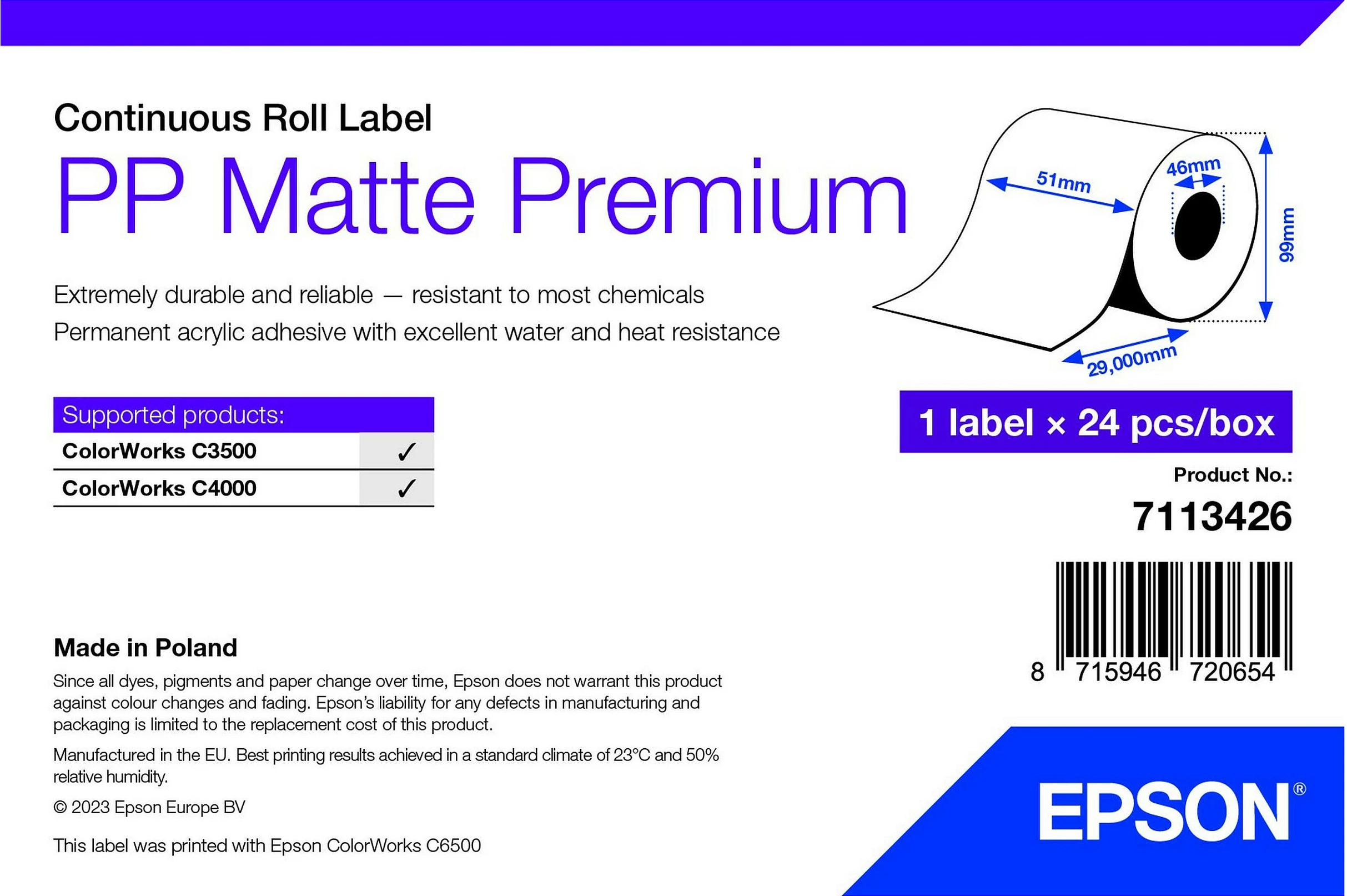 Rrotull etiketa Epson 7113426 PP Matte Premium, 51mm x 29m, për ColorWorks C3500/C4000