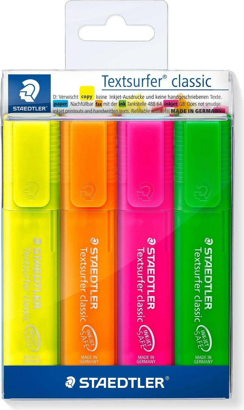 Set markerash STAEDTLER 364 P WP4, 4 copë, ngjyra gjelbër, portokalli, rozë, verdhë, majë shpatule