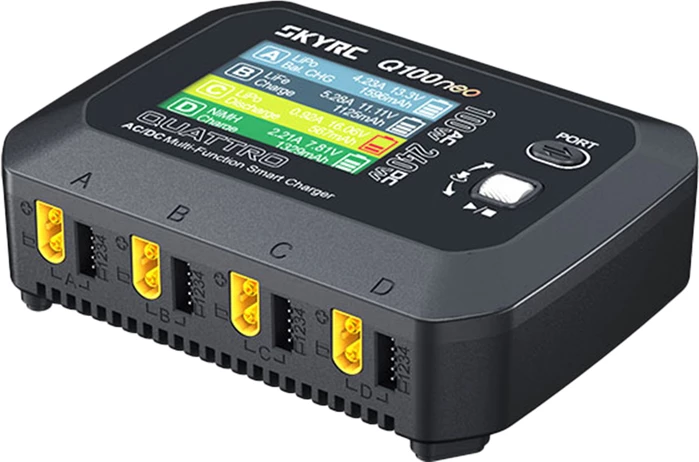 Karikues smart AC/DC multifunksional SkyRC Q100neo 4-kanalësh 100W/240W, i zi