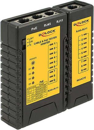 Tester kabllo rrjeti DeLOCK 86107, RJ45/RJ12, PoE 802.3af/at, 9V, zi/verdhe
