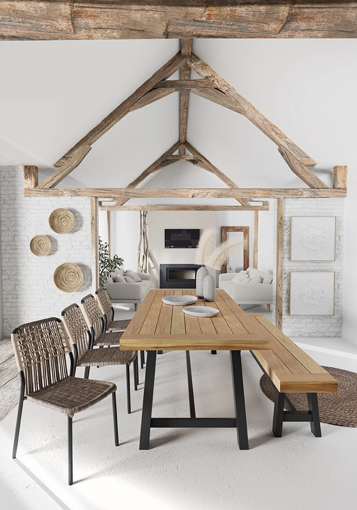 Stol Panama, dru natyral, këmbë metalike të zeza, 188x37x45.5