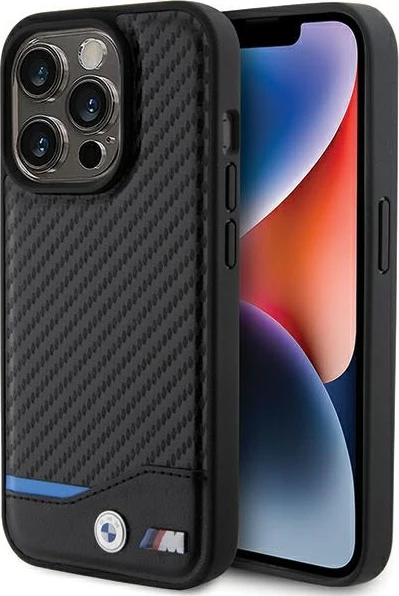 Mbështjellës BMW Leather Carbon MagSafe për iPhone 15 Pro, i zi