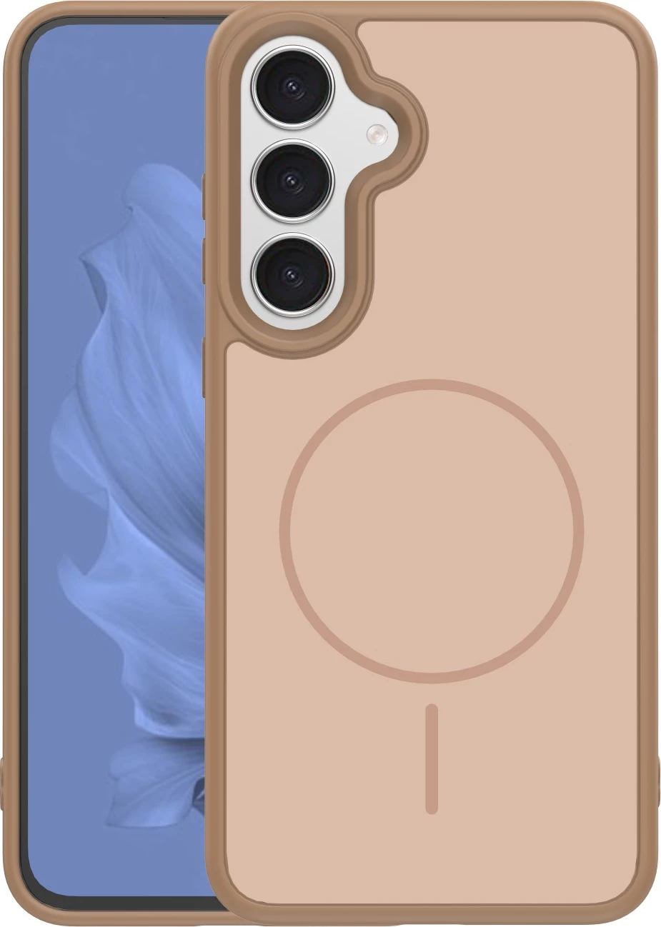 Mbështjellës ONASI Silicone Frame me MagSafe për Samsung Galaxy S25 FE, magnet 2200 GS, sticker 3D me motive mace, bezhë