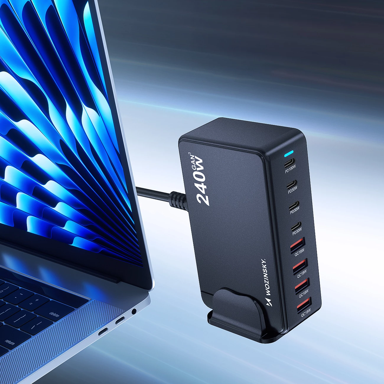 Stacion karikimi Wozinsky WSL-240 240W GaN, USB-C PD 100W + 3x30W, 4xUSB-A QC3, i zi