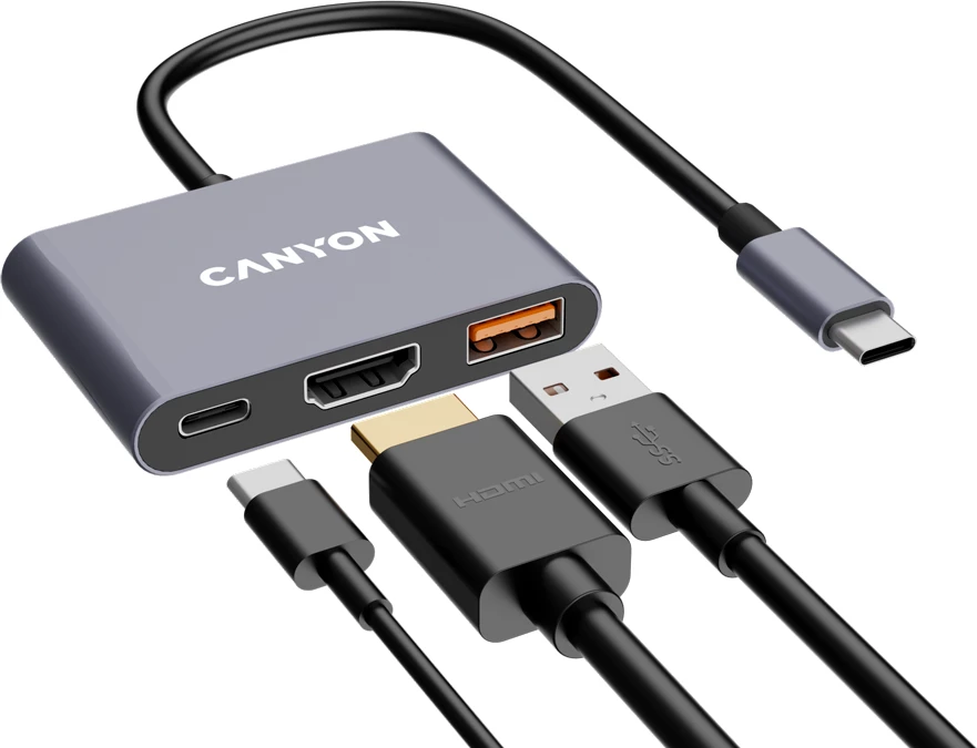 Hub USB-C CANYON DS-4 3n1 me HDMI, USB 3.2 Gen 2 dhe Power Delivery 100W, gri
