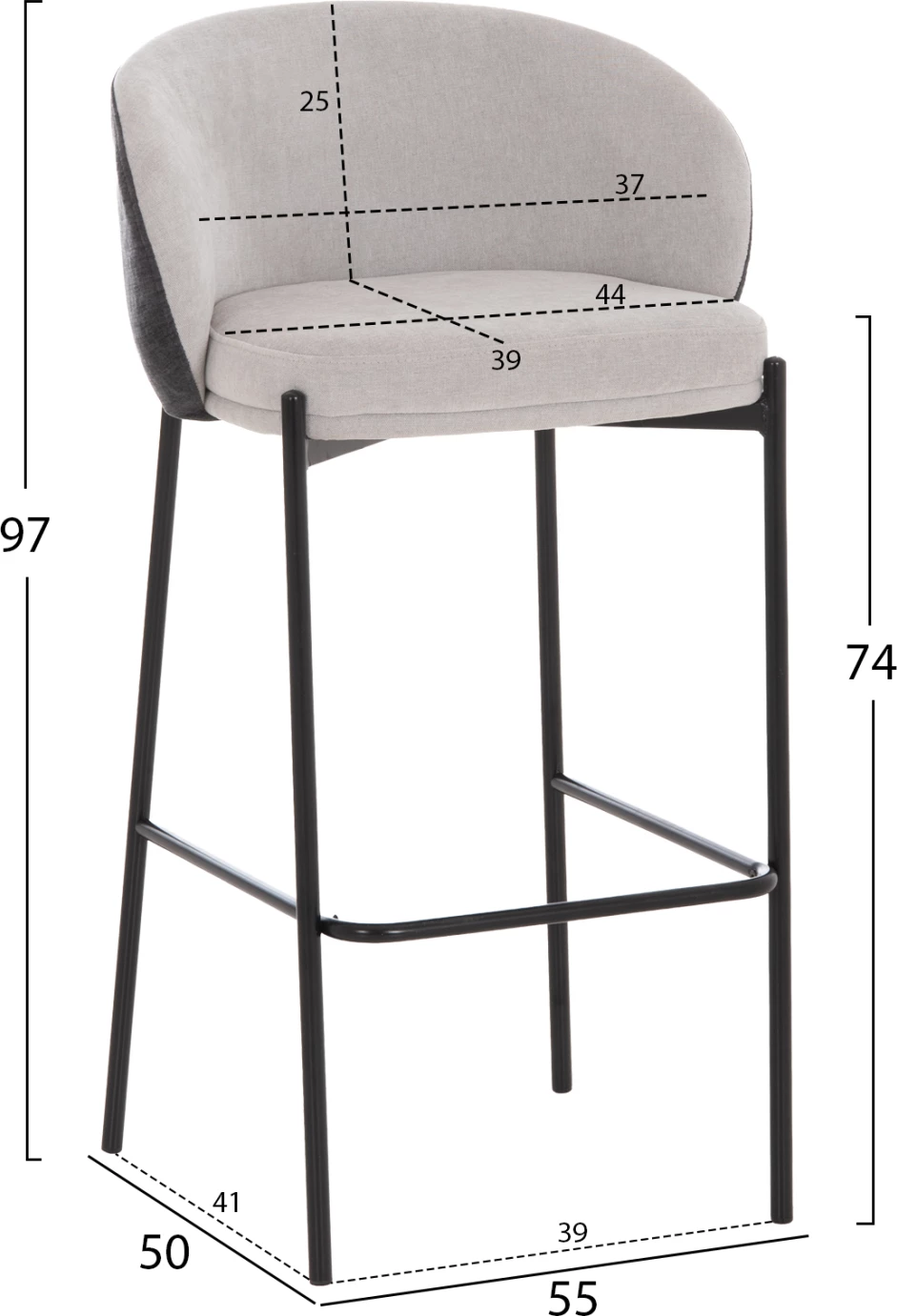 Karrige për bar Detton, material gri, kornizë metalike e zezë, 44x51x98cm, set prej 2 copë