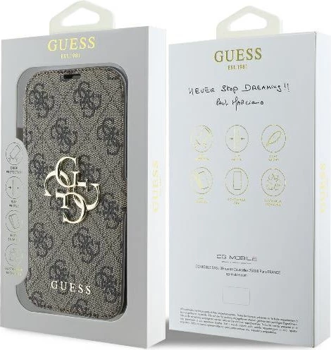 Mbështjellës folio Guess 4G Metal Logo për iPhone 16 Pro 6.3, TPU/PC/eko lëkurë, me xhepë karta dhe qëndrim, kafe