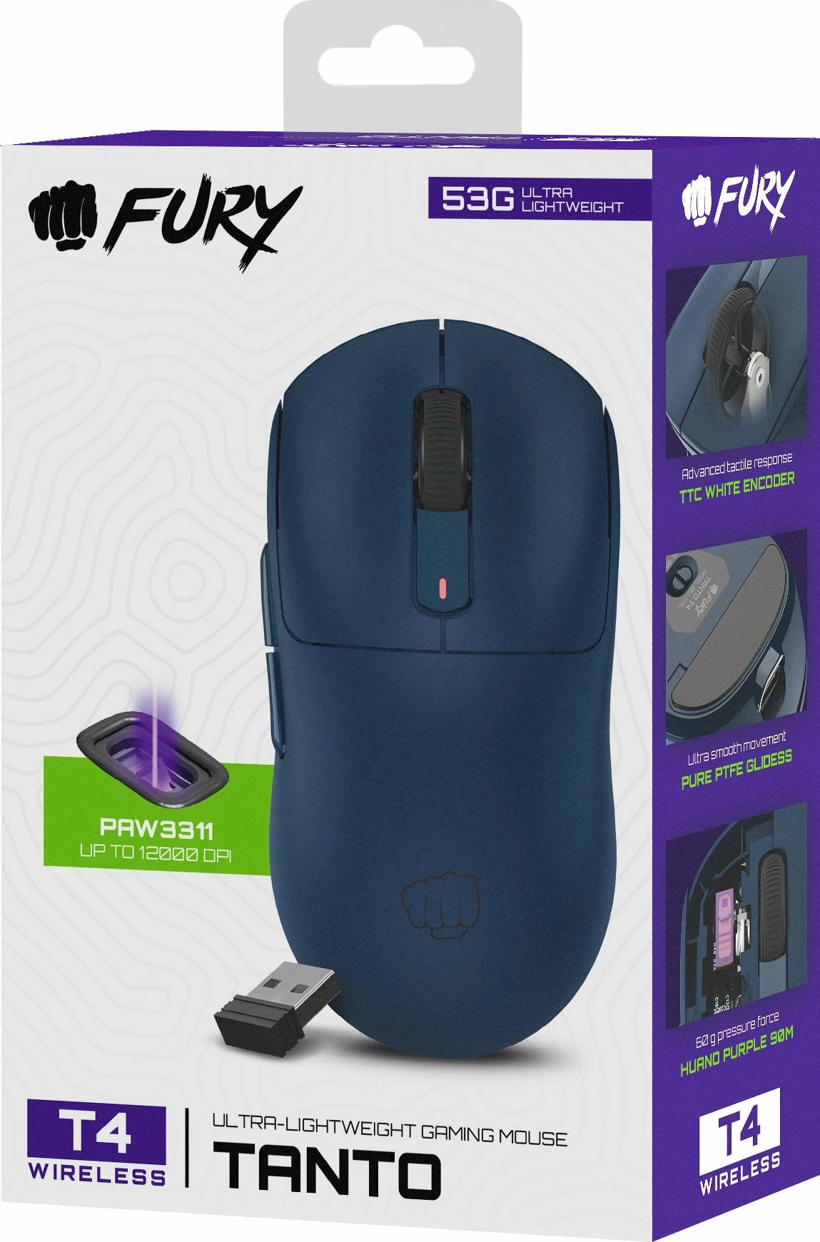 Maus gaming Fury Tanto T4 Wireless NFU-2206, 12000 DPI, tri-mode (2.4GHz/BT/USB), 53 g, navy blue