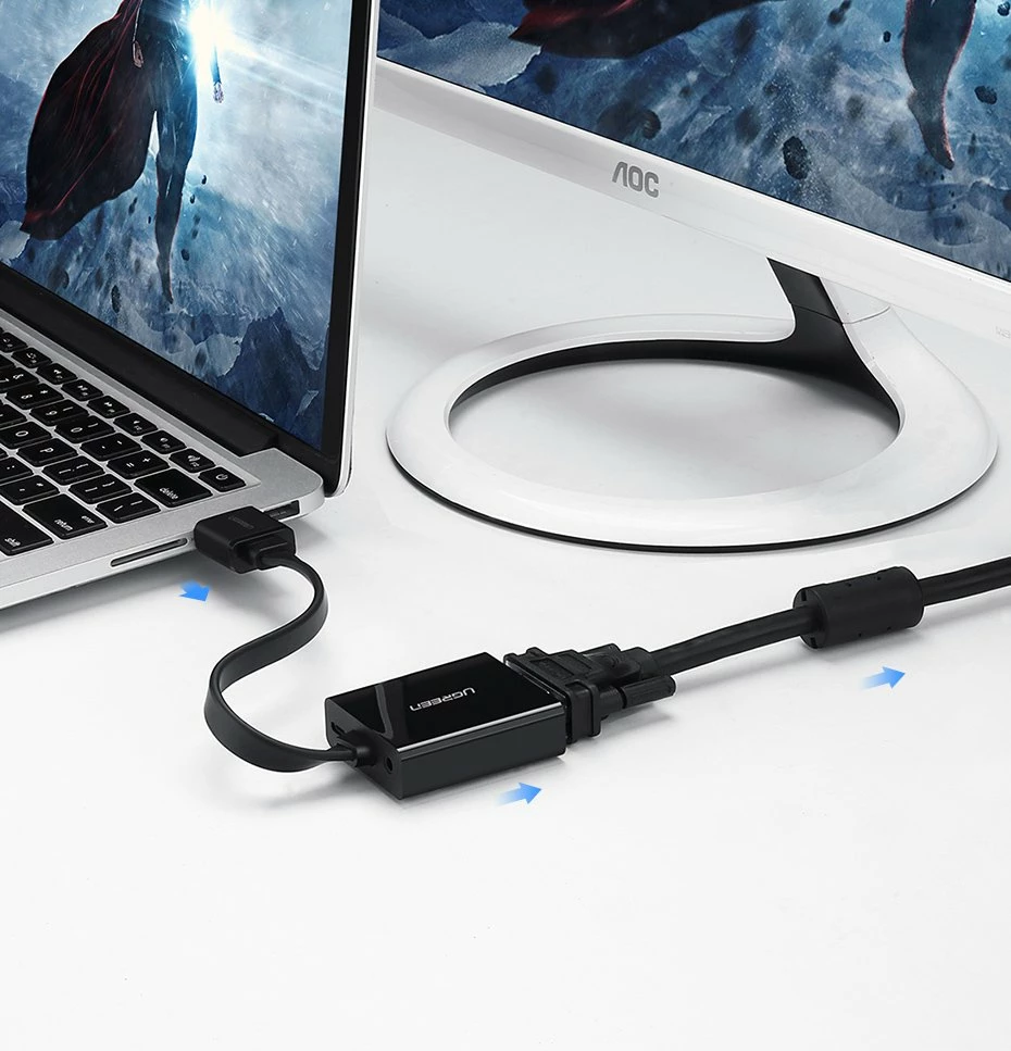 Adapter HDMI në VGA Ugreen 40248, me micro USB dhe audio 3.5mm, Zi