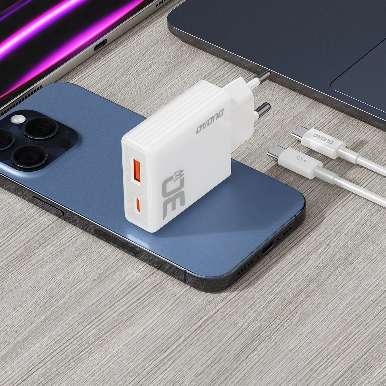Karikues muri Dudao A30EUT GaN 30W me 2 porta USB-A/USB-C dhe kabllo USB-C në USB-C, Bardhë