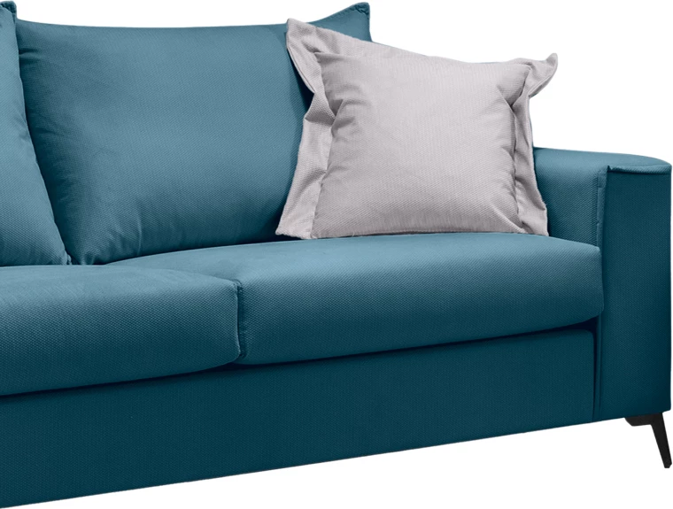 Divan Verona 3-ulës, pëlhurë blu, jastëkë ngjyrë gri e çelët, 225x93x100 cm