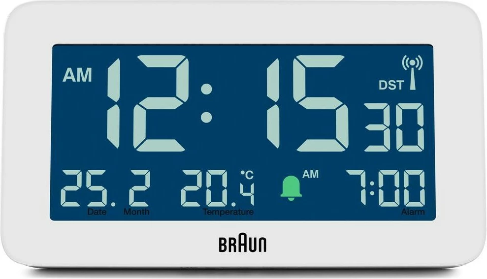 Alarm digjital Braun BC10, ekran LCD, termometër, orar 12/24h, bardhë