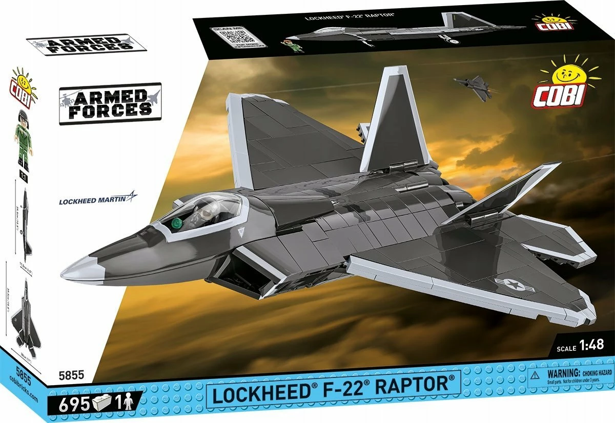 Set blloqesh ndërtimi Cobi Lockheed F-22 Raptor GXP-914620, 695 copë, shkallë 1:48, 1 figurë pilot, me stendë ekspozimi, e hirtë